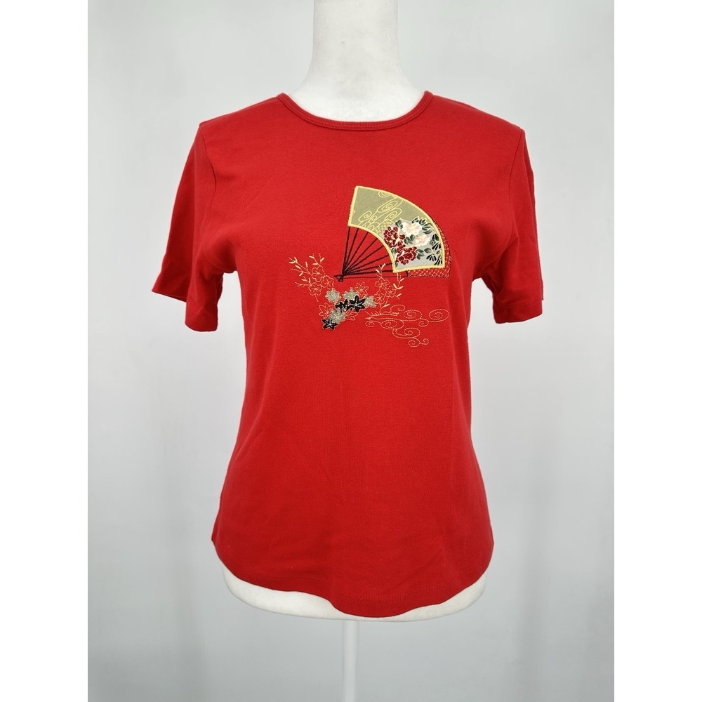 VTG Y2K Clio Petites Red Embroidered Fan Tee PM Japanese Floral Art Fitted Tee